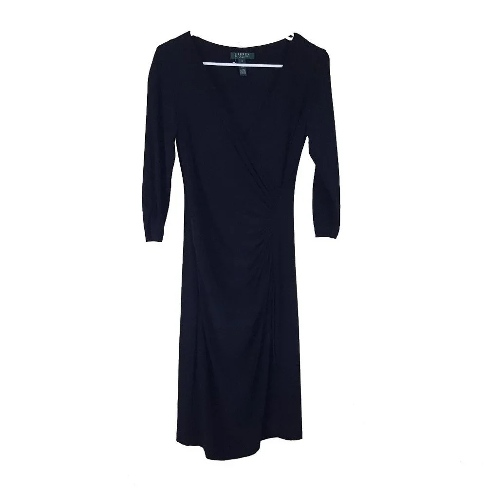 NEW Lauren Ralph Lauren Belair Ruched Sheath Dress Plunge Neck Solid Black - Picture 1 of 4
